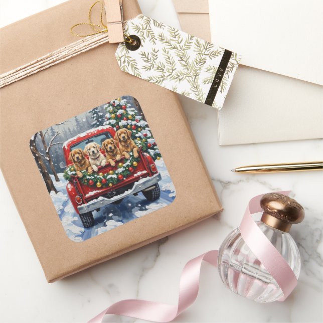 Sticker Carré Lhasa Apso Christmas Red Truck Holiday (Cadeaux)