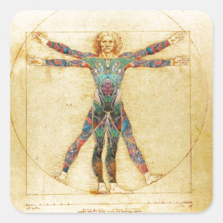 Sticker Carré L'homme vitruvien de Da Vinci avec tatouages