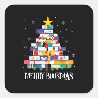 Sticker Carré Librarian Book Lover Books Christmas Tree Merry Bo