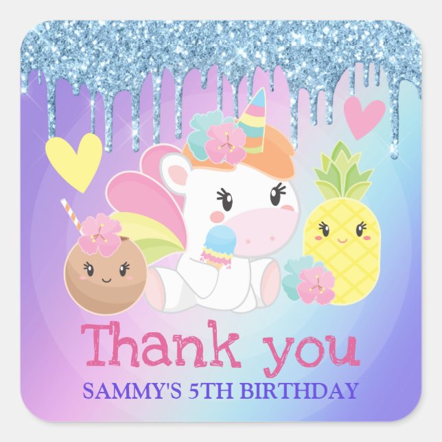 Sticker Carré Licorne de l'été mignonne et anniversaire pailleté (Devant)