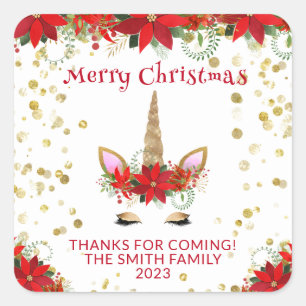 Sticker Carré Licorne de Noël Poinsettia avec des faveurs de fêt
