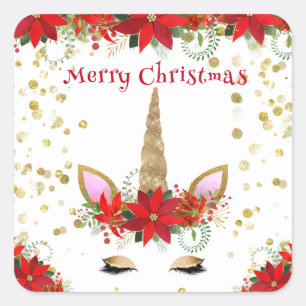 Sticker Carré Licorne de Noël Poinsettia avec des faveurs de fêt