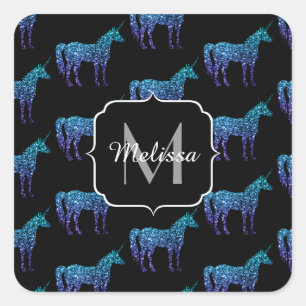 Sticker Carré Licorne Étincelles motif ombré bleu aqua Monogramm