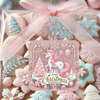 Sticker Carré Licorne merveilleuse de Noël rose