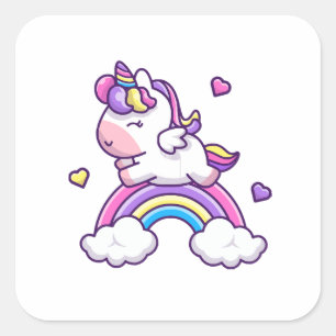 Sticker Carré Licorne Mignonne Avec Dessin Animé Arc-en-Ciel
