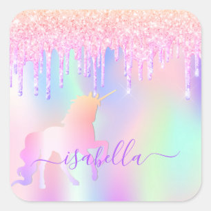Sticker Carré Licorne paillettes rose or rose iridescent anniver