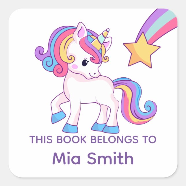 Sticker Carré Licorne Pastel "Ce Livre Appartient" Nom Enfant (Devant)