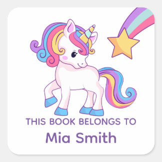 Sticker Carré Licorne Pastel "Ce Livre Appartient" Nom Enfant