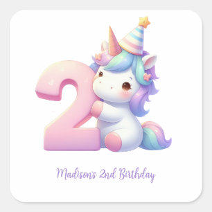 Sticker Carré Licorne Personnalisée 2ème Anniversaire Filles