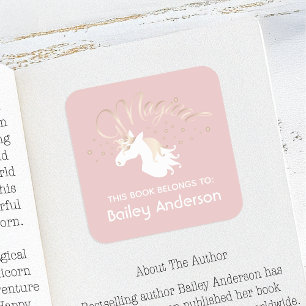 Sticker Carré Licorne Rose Ex Libris pour Enfants