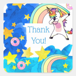 Sticker Carré Licornes Arc-en-ciel Donuts dans un ciel étoilé bl