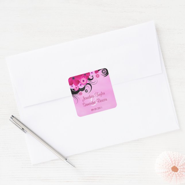 Sticker Carré Light Fuchsia Floral Enregistrer La Date Favoriser (Enveloppe)