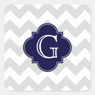 Sticker Carré Light Gray White Chevron Navy Quatrefoil Monogram