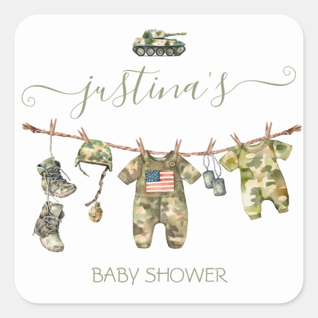 Sticker Carré Ligne de Baby shower militaire de l'Armée (Devant)