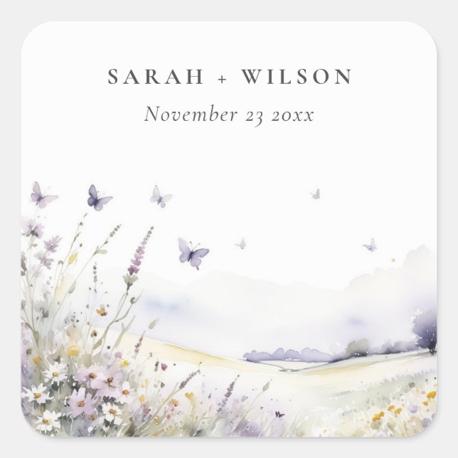 Sticker Carré Lilac Fleur sauvage Butterfly Field Mariage paysag (Devant)