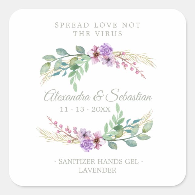 Sticker Carré Lilac Floral Wreath Wedding Sanitizer Hand Gel (Devant)