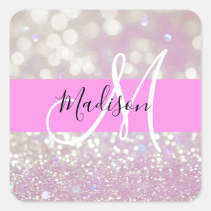 Sticker Carré Lilac Girly Pailleté Monogramme Nom