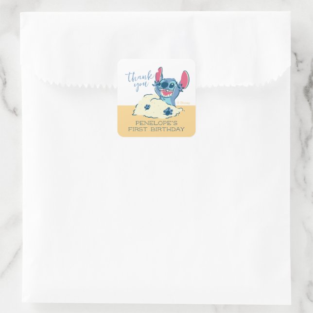 Sticker Carré Lilo & Stitch Beach Anniversaire - Merci ! (Sac)