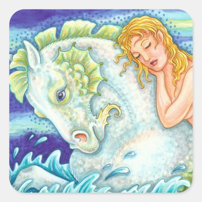 STICKER CARRÉ L'IMAGINAIRE DE MARINE MERMAID À MERHORSE, SEAHORS (Devant)