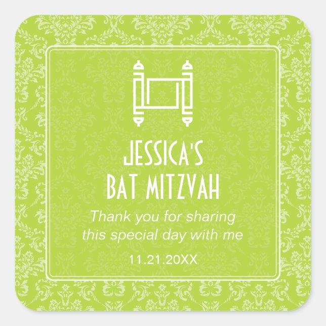Sticker Carré Lime Green Damask Torah Bat mitzvah (Devant)