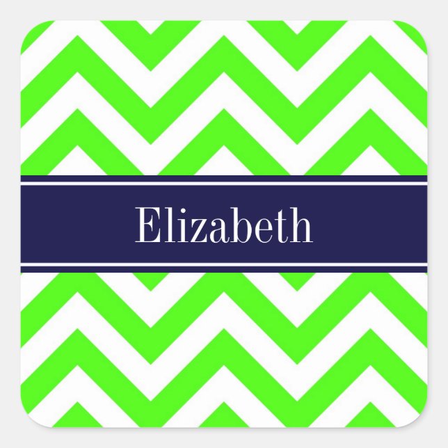 Sticker Carré Lime Green LG Chevron Navy Blue Nom Monogramme (Devant)