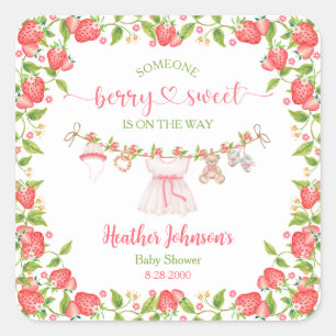 Sticker Carré Linge de bébé sucré aux fraises pour Baby Shower