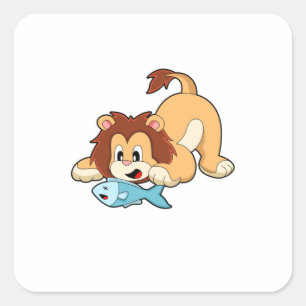 Sticker Carré Lion avec poisson