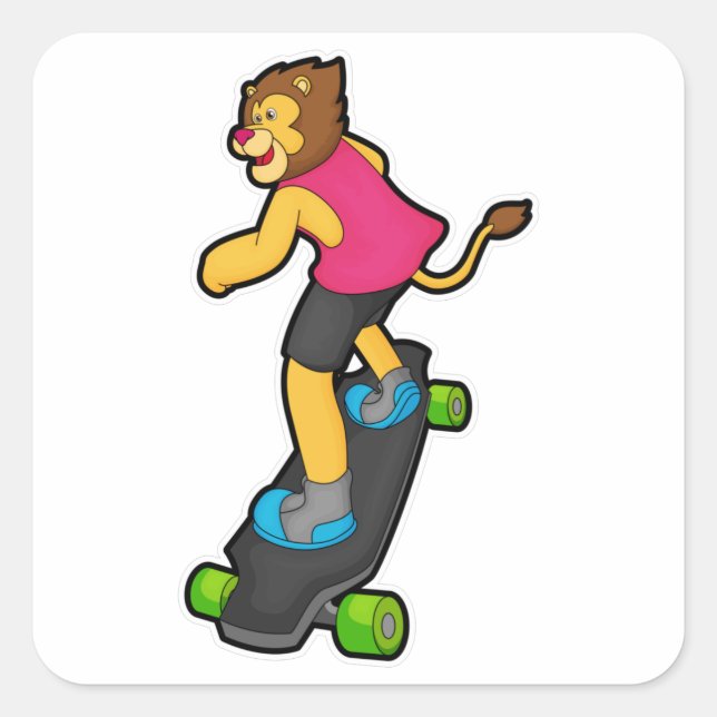 Sticker Carré Lion en Skateboard avec Skateboard (Devant)