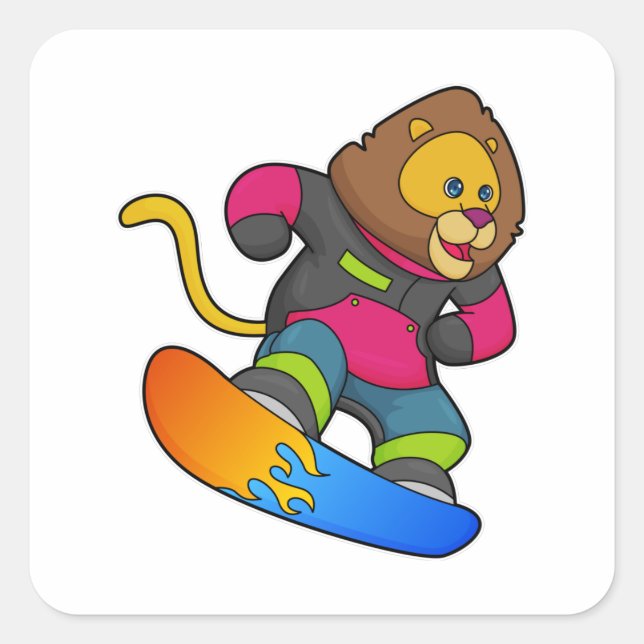 Sticker Carré Lion en Snowboard avec Snowboard (Devant)