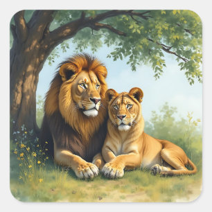 Sticker Carré Lion et lionne sous un arbre