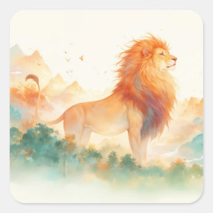 Sticker Carré Lion majestueux surplombant un horizon brumeux