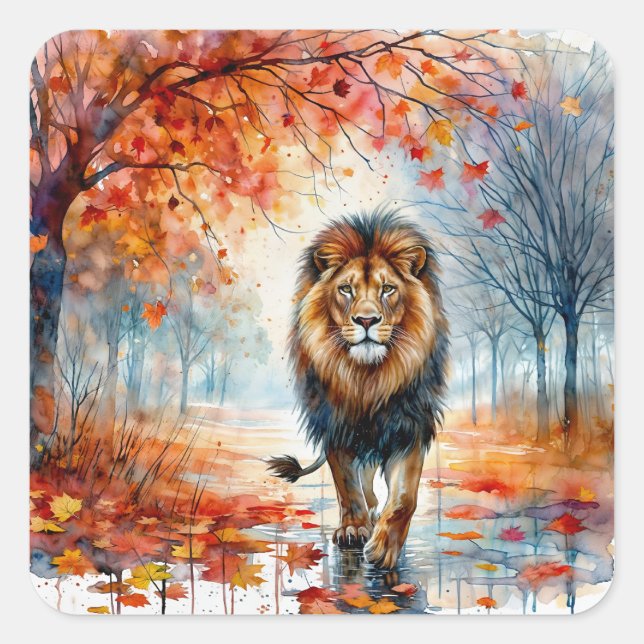 Sticker Carré Lion Marcher Dans L'Aquarelle Automne (Devant)