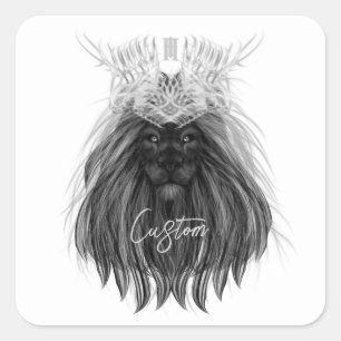 Sticker Carré Lion noir avec couronne Antlers et monogramme