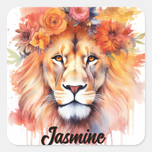 Sticker Carré Lion Pastel Fleurs Safari Aquarelle Savannah Chat