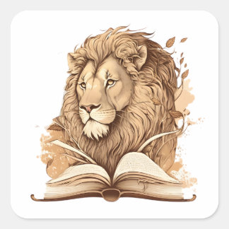 Sticker Carré Lion Reading Book, Wild About Reading