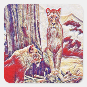 Sticker Carré Lionesse au pied des montagnes
