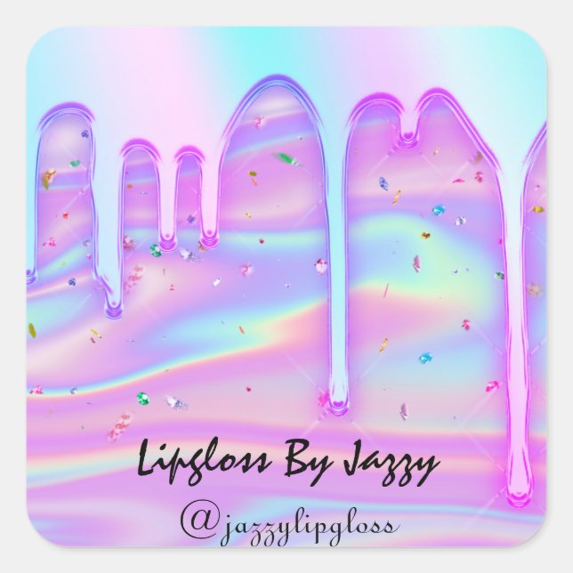 Sticker Carré Lipgloss maquillage rose gouttes bleu Holographiqu (Devant)