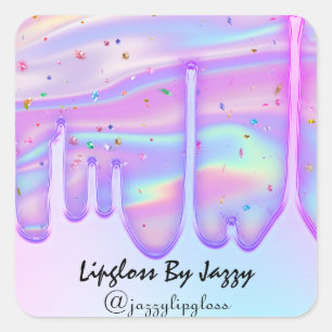 Sticker Carré Lipgloss maquillage rose gouttes bleu Holographiqu