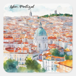 Sticker Carré Lisbonne Portugal Aquarelle Vue panoramique Ville