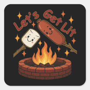 Sticker Carré Lit Firepit - mignon Marshmallow & Hot Dog