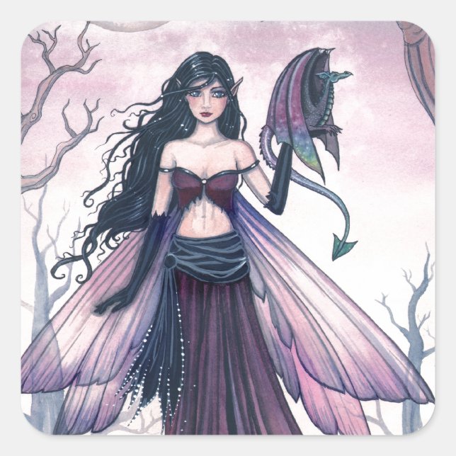Sticker Carré Little Beast Purple Fairy and Dragon Imaginaire Ar (Devant)