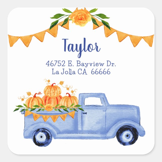 Sticker Carré Little Citrouille Boy Baby shower Adresse de retou (Devant)