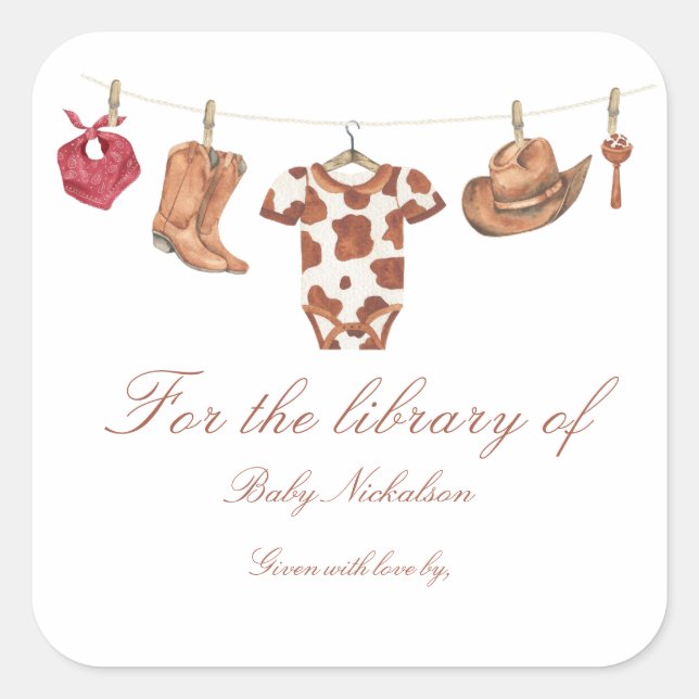 Sticker Carré Little Cowboy Baby shower - for the library of (Devant)