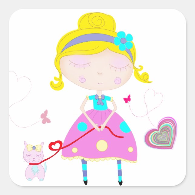 Sticker Carré Little girl with cute cat (Devant)