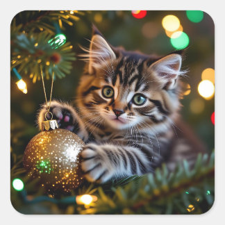 Sticker Carré Little Kitten on Christmas Tree  