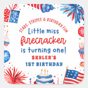 Sticker Carré Little Miss Firecracker 4 juillet 1er anniversaire