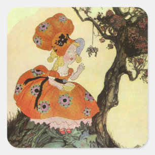 Sticker Carré Little Miss Muffet & Araignée, Vintage Mother Goos