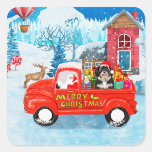Sticker Carré Livraison de Noël de chien Havanais Camion neige