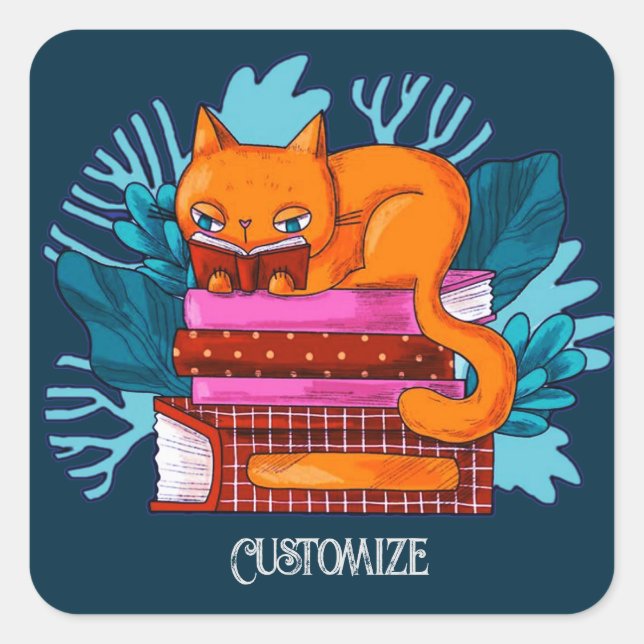 Sticker Carré Livres Approuvés Personnalisés Chat Turquoise (Devant)