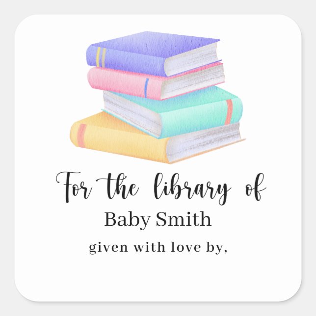 Sticker Carré Livres aquarelle - Bibliothèque Baby Shower (Devant)